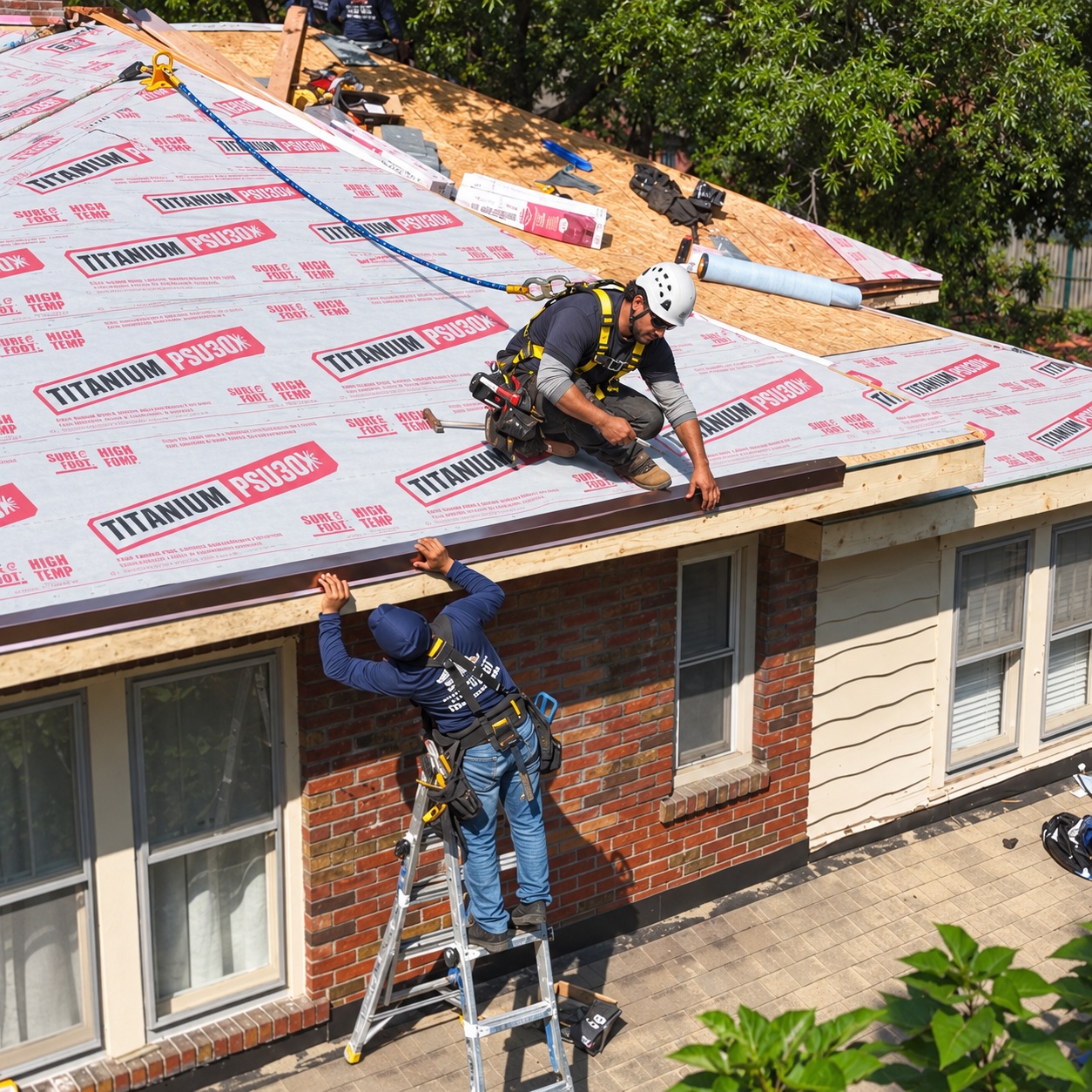 Roofers working at the roof edge with ladder access and fall-protection equipment